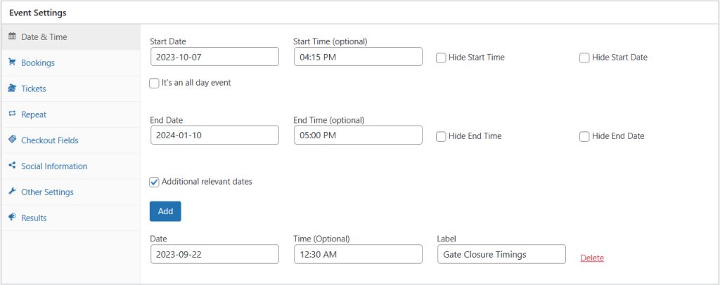 Event Settings > Date & Time