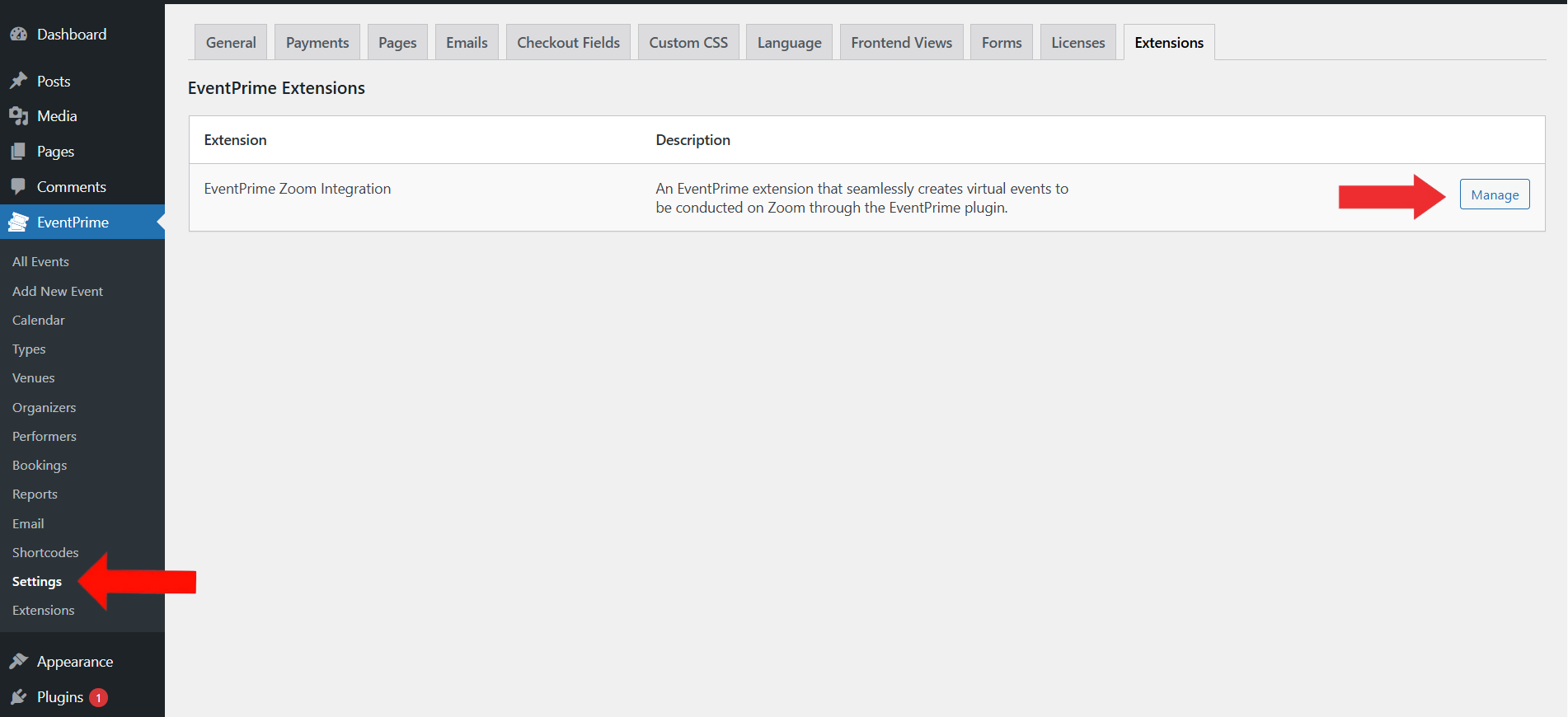EventPrime Menu > Settings Submenu > Click Manage Button