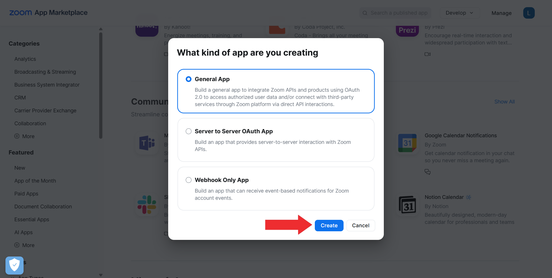 Select General App and Click Create Button