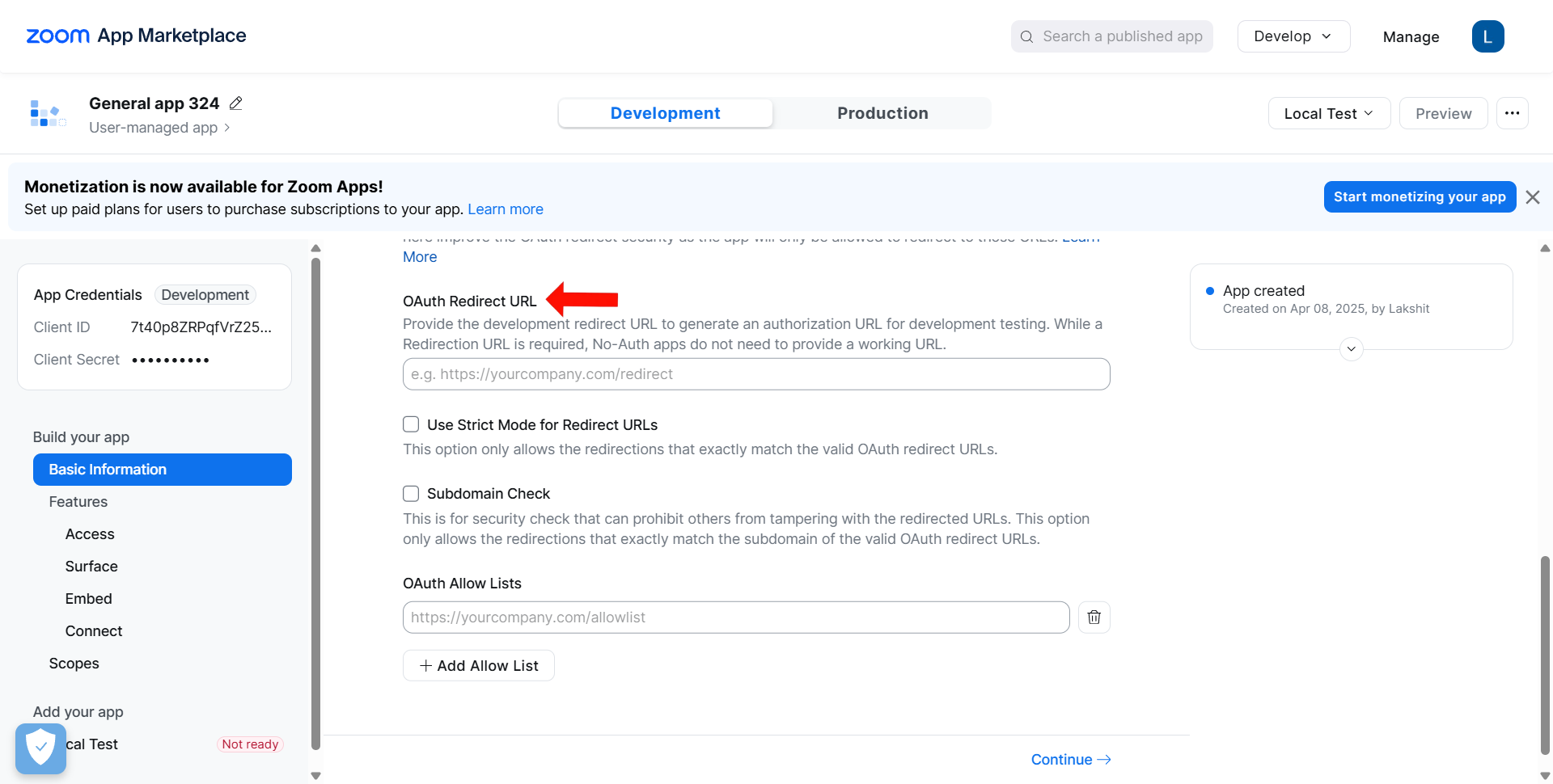 Enter OAuth Redirect Url