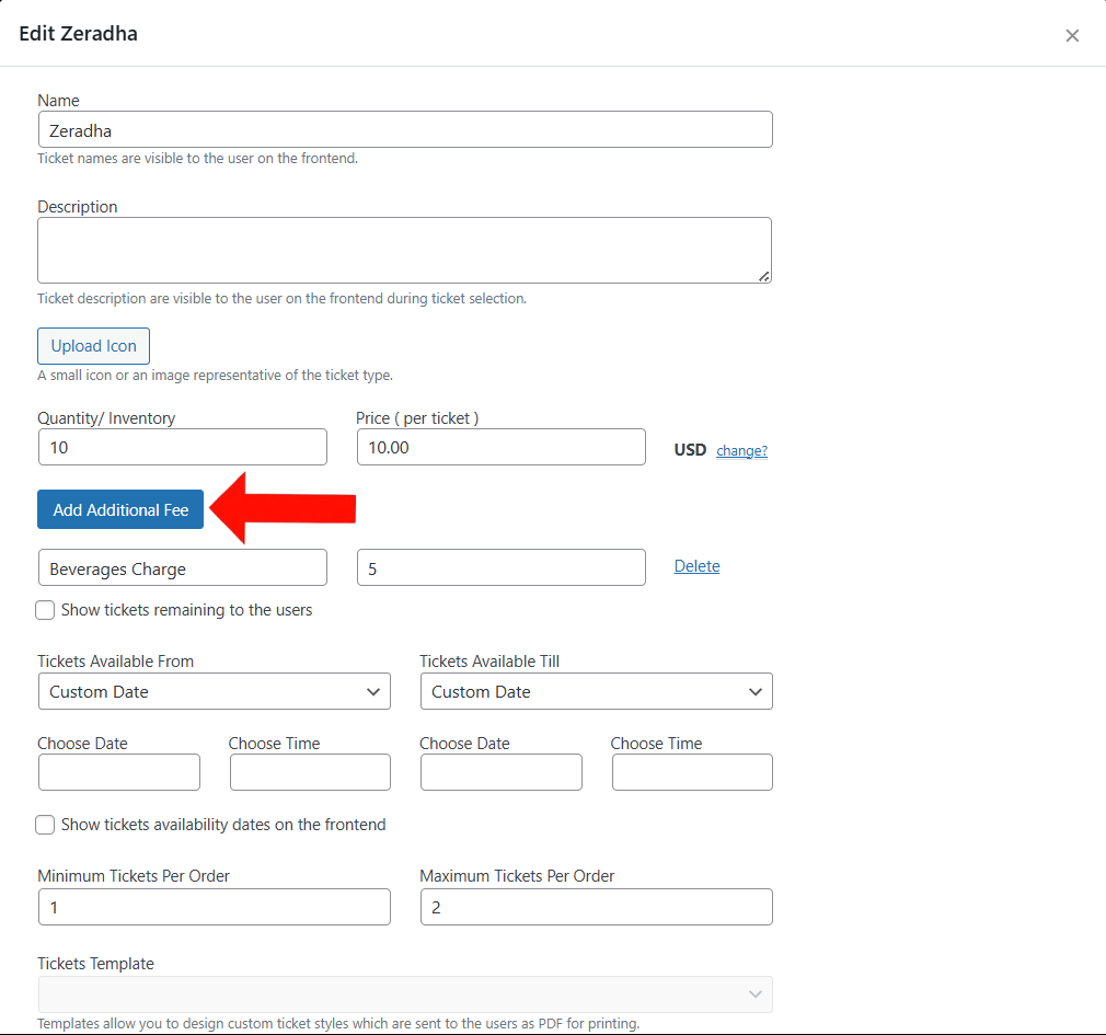 Ticket Types > Add Additional Fee
