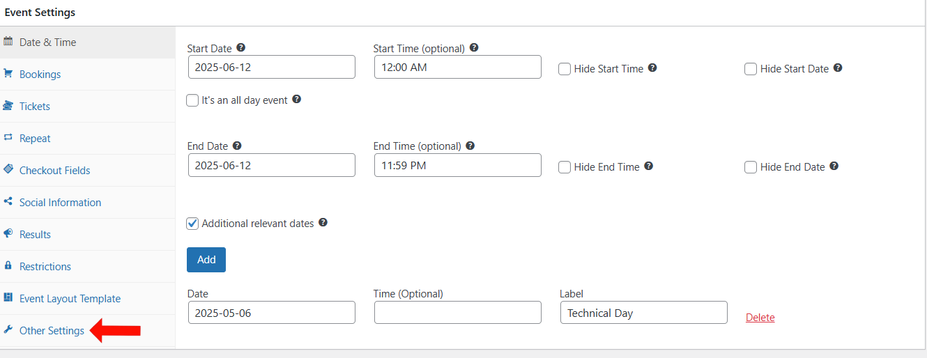 Events> Event Settings > Other Setting