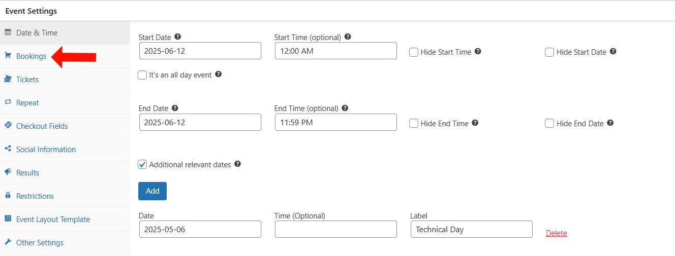 Events > Event Settings > Booking Tab