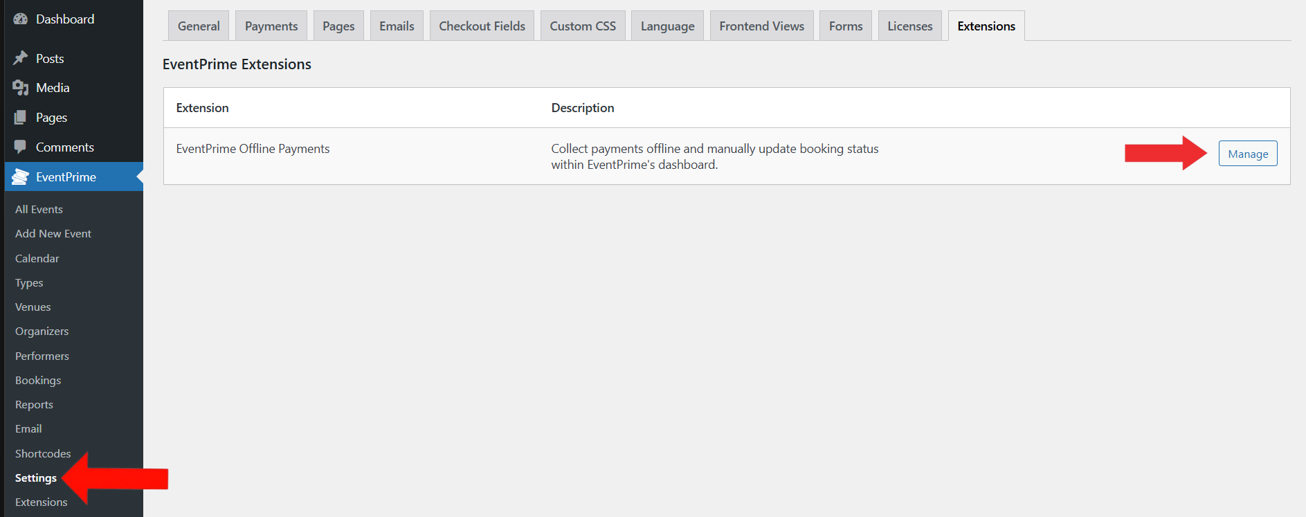 EventPrime Menu > Settings Submenu > Extension Tab > Click Manage
