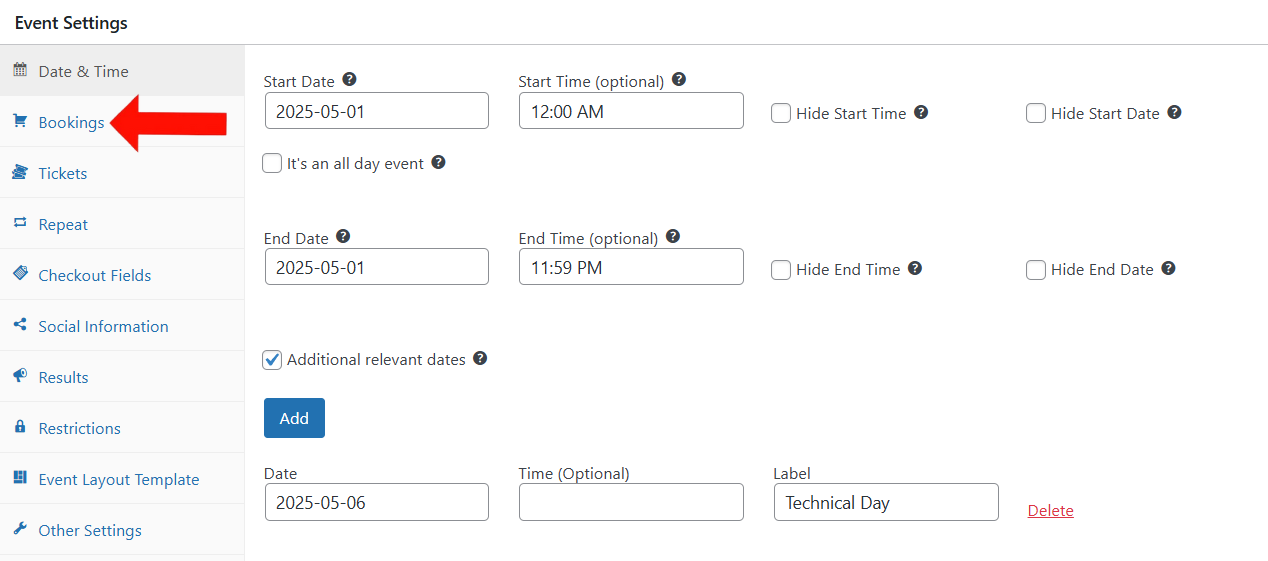 Event Settings > Bookings Tab