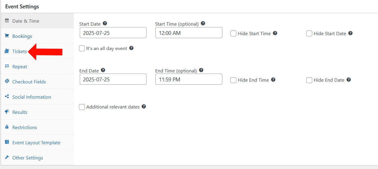 Event Settings > Tickets Tab