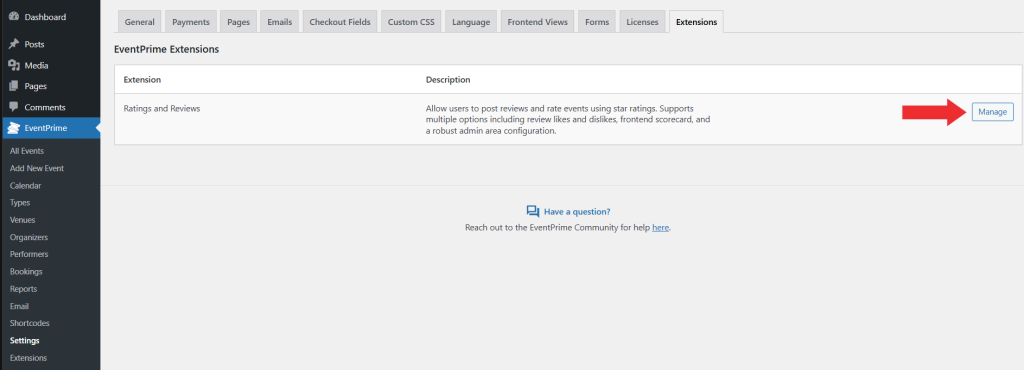 Eventprime Menu > Settings Submenu > Click Manage Button
