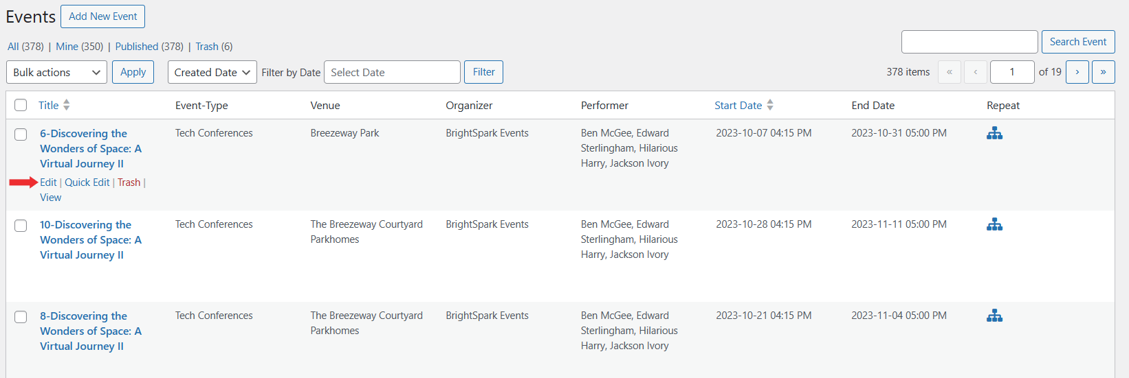 EventPrime Menu > All Events Submenu