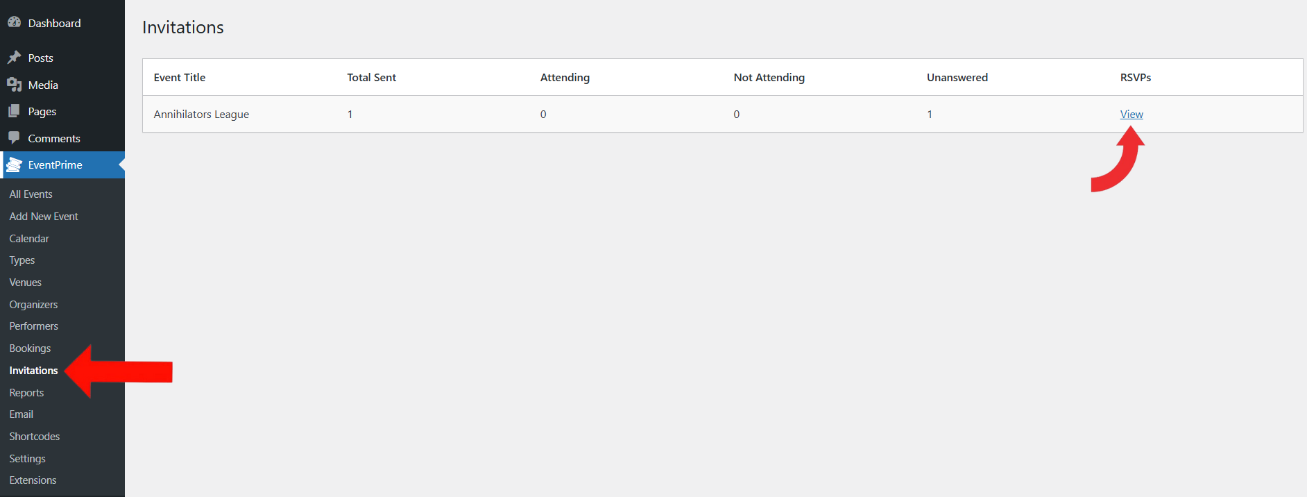EventPrime Menu > Invitations Submenu > Click View Button