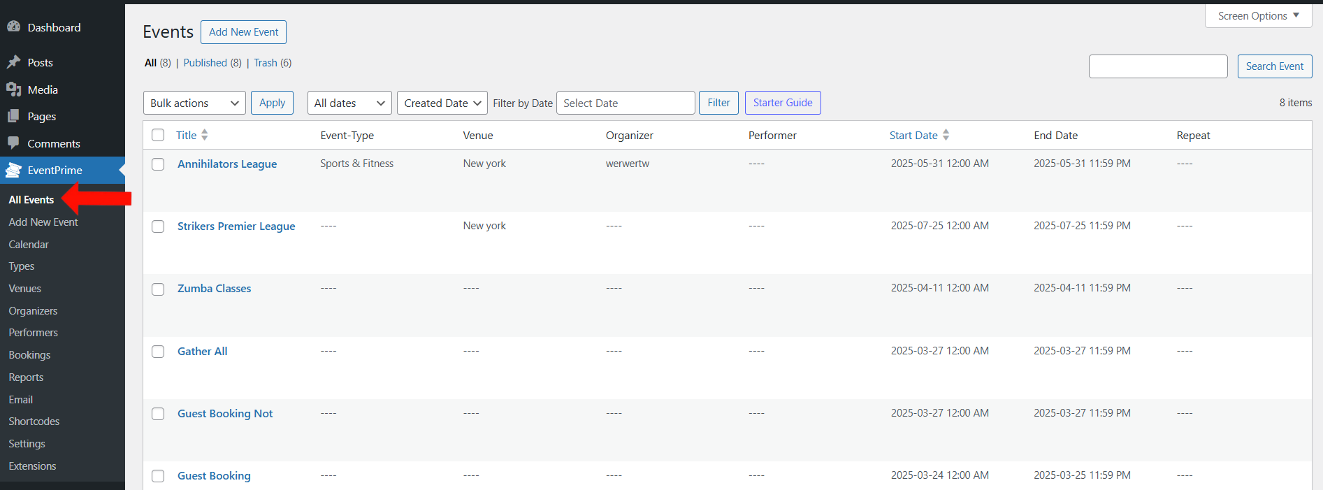 EventPrime Menu > All Events Submenu