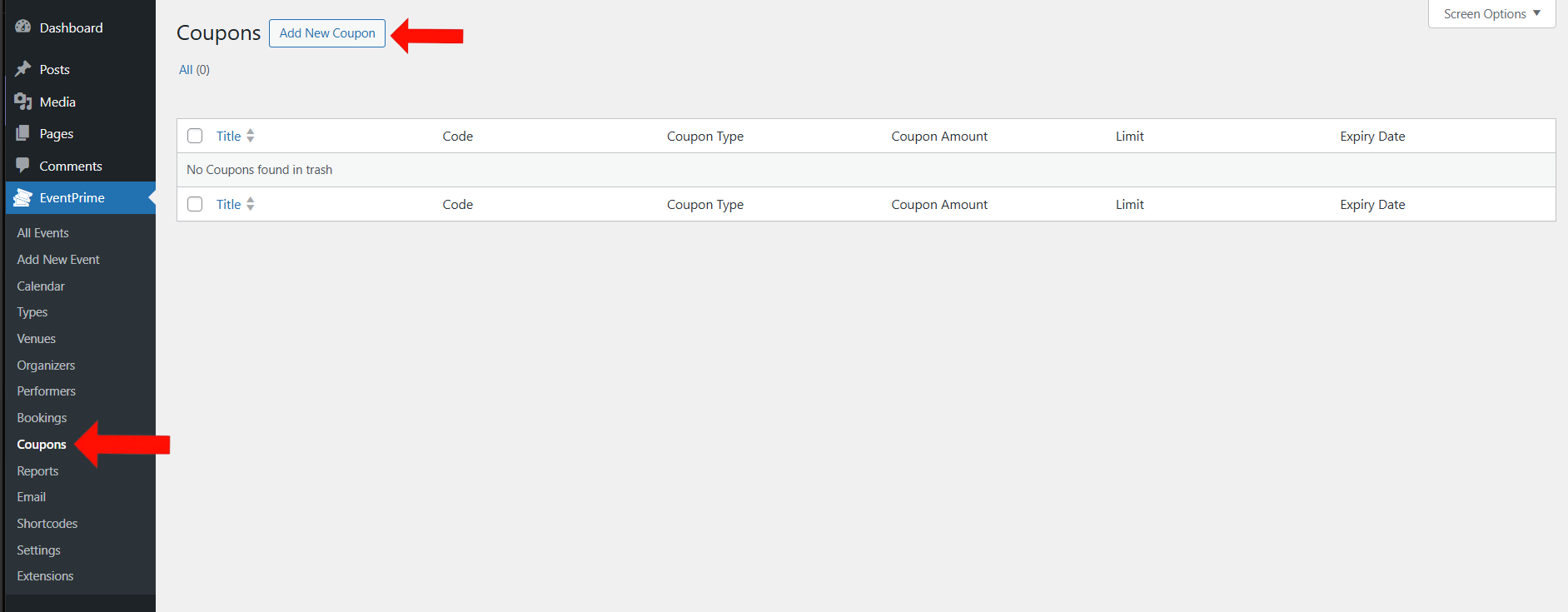 EventPrime Menu > Coupons Submenu > Click Add New Coupon Button