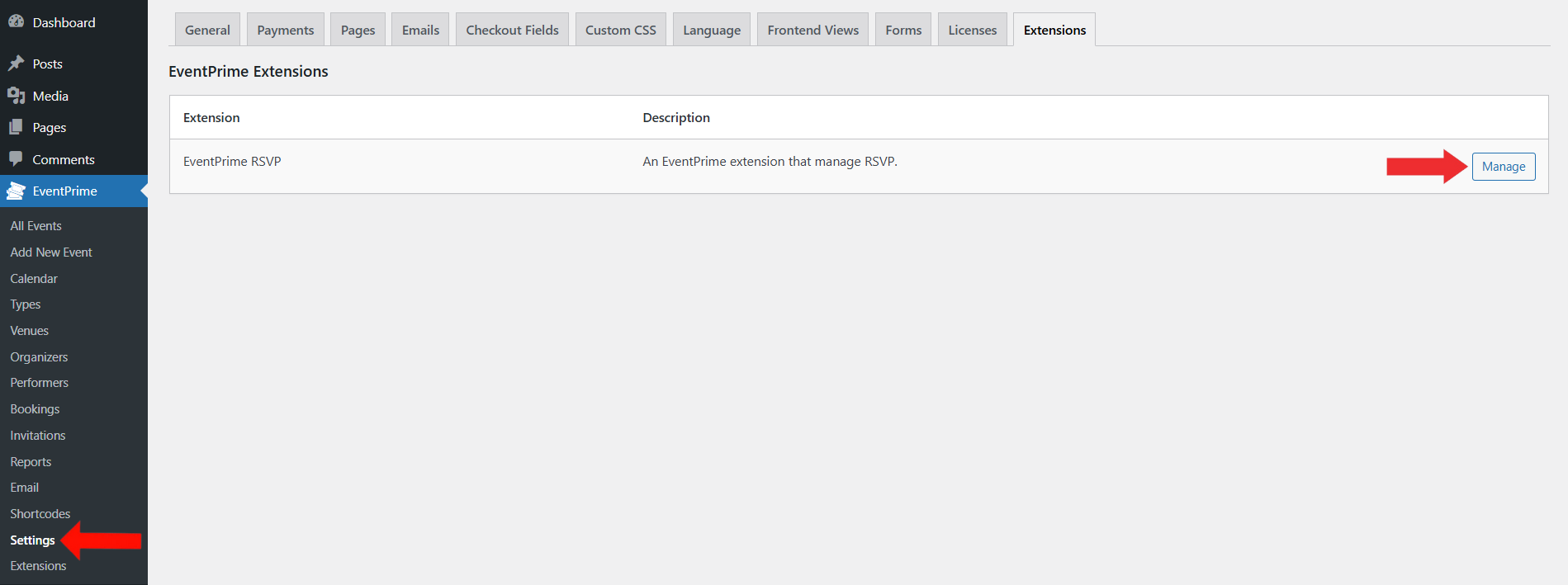 EventPrime Menu> Settings Submenu> Extensions Tab