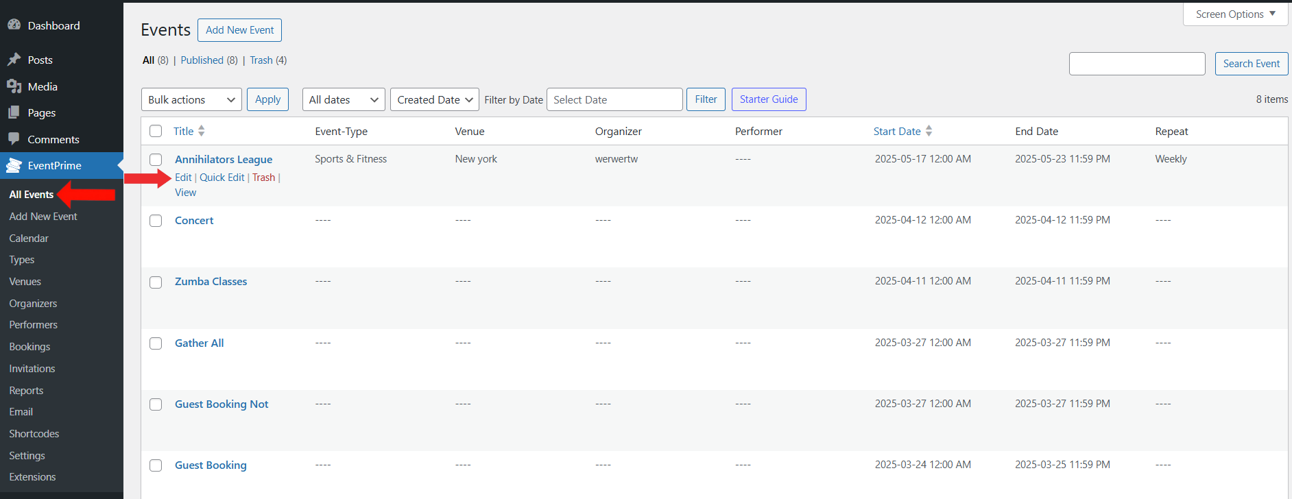 EventPirme Menu > All Events Submenu > CLick Edit Button For Event You want to Add Seating Plan