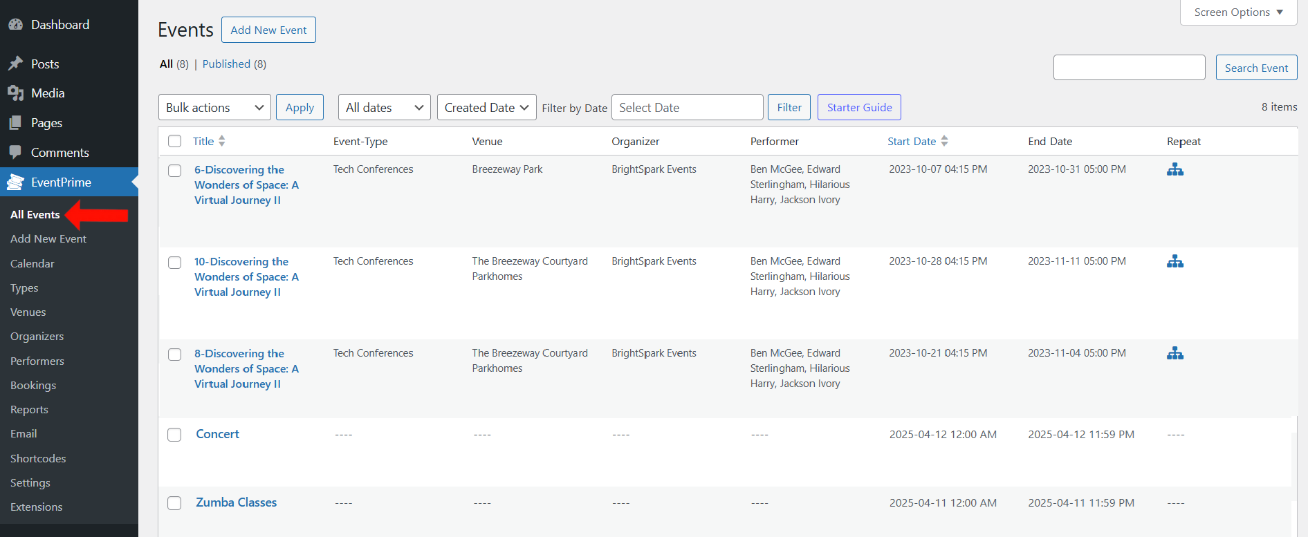 EventPrime Menu