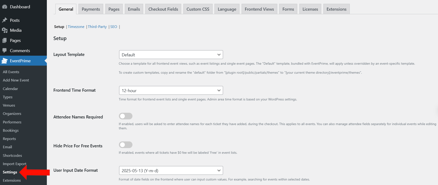 EventPrime Menu > Setting Submenu
