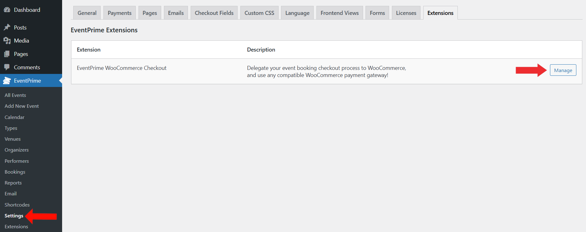 EventPrime Menu > Settings Submenu > Extensions Tab