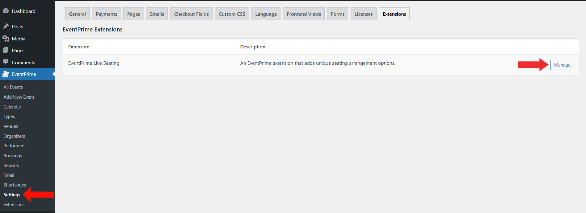 EventPrimeMenu > Settngs Submenu > Extension Tab > Click Manage Button for Live Seating