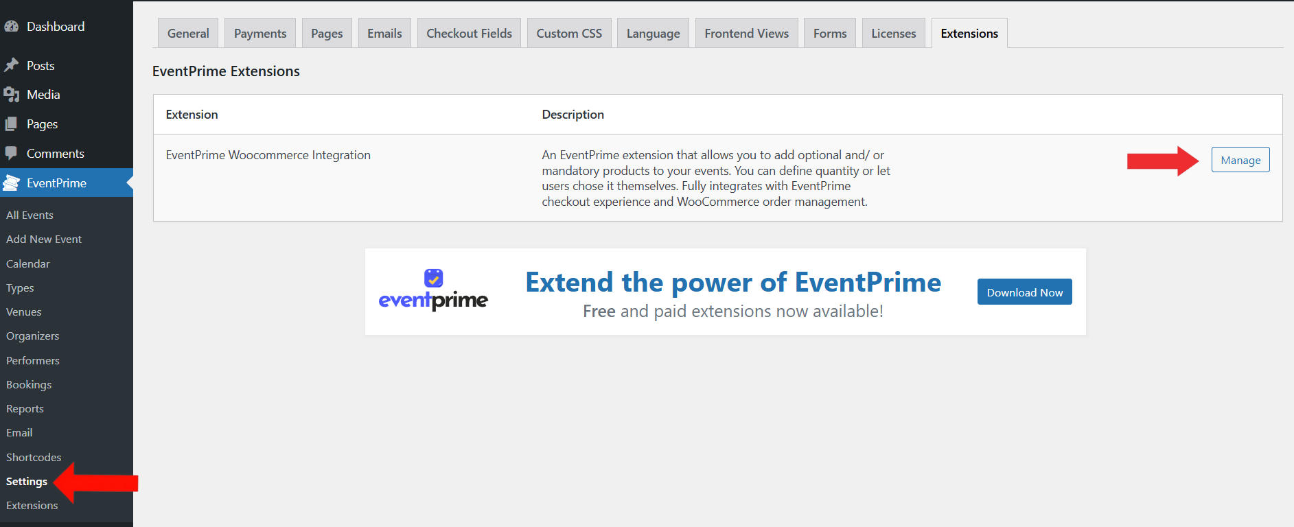 EventPrime Menu > Setting Submenu > Click Manage Button