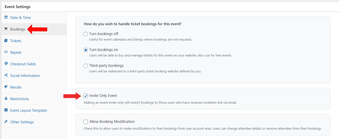 Event Setting > bookings Tab > Enable Invite Only