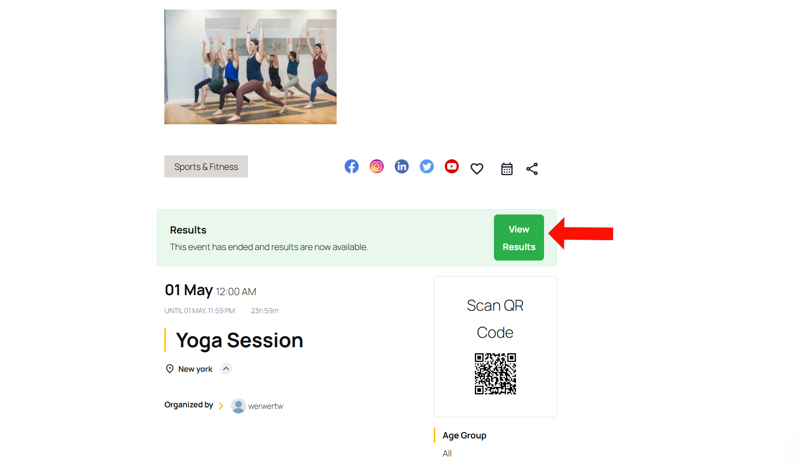 Frontend View of the View Results Button on Event Page 