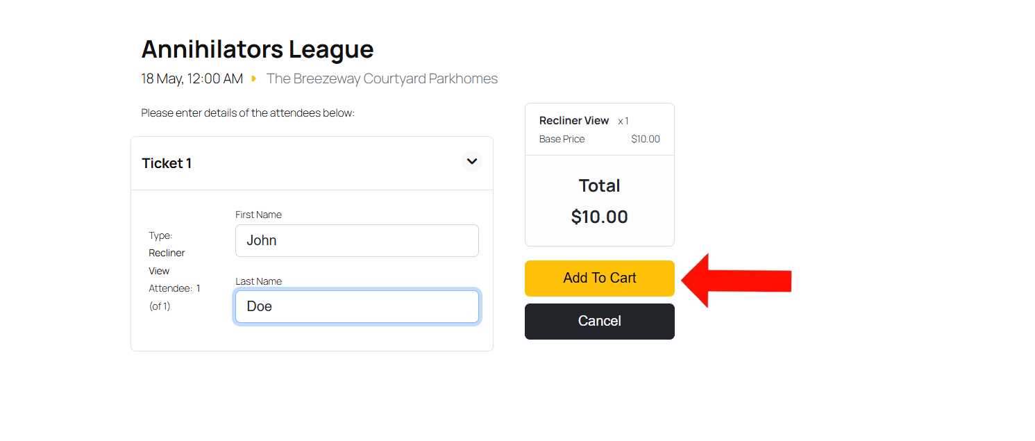 Frontend View of showing the add to cart button after clicking the checkout button