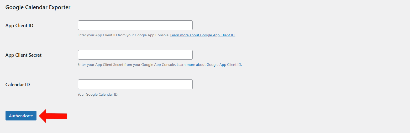 Enter Google API Crendentials to Export Events to your Google Calendar