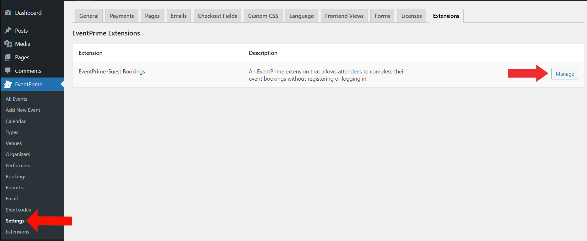 EventPrime Menu > Settings Submenu ? Click Manage Button