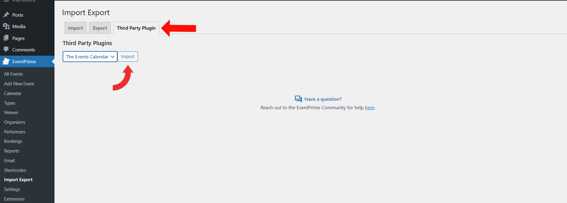 Import Export Page > Third Party Plugin > Select Events Calendar from Dropdown