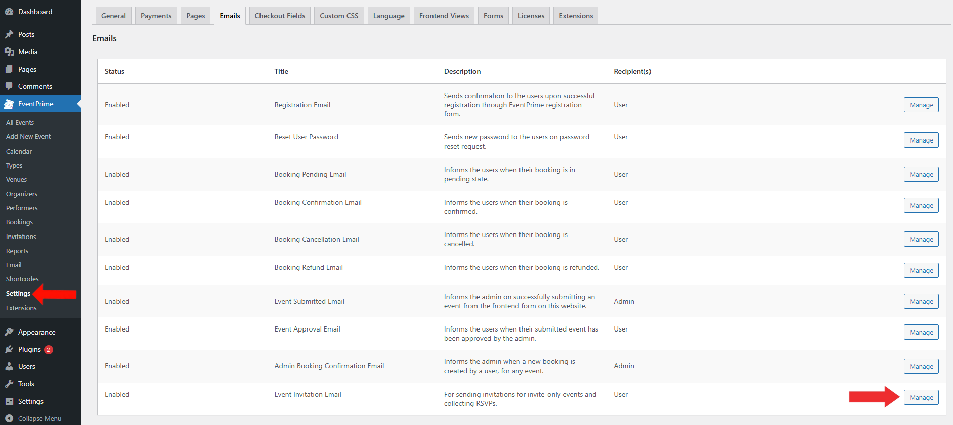 EventPrime Menu > Settings Submenu > Emails Tab > Click Manage Button