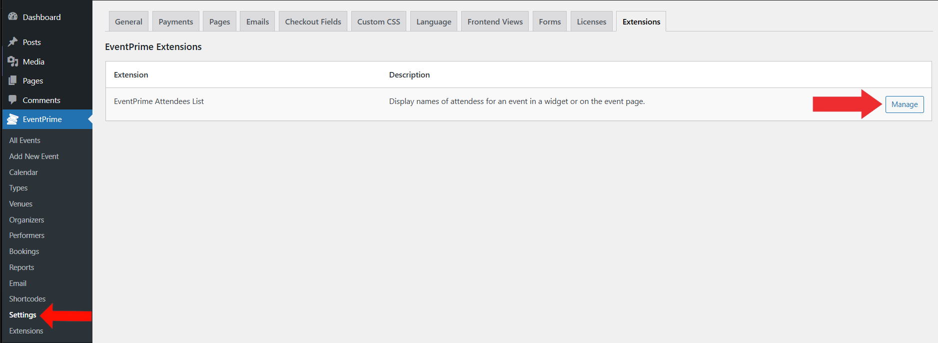 EventPrime Menu > Settings Submenu > Extensions Tab > Click Manage Button