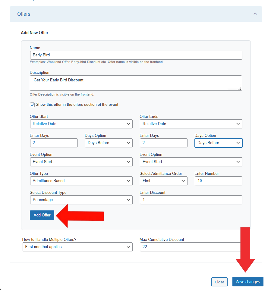 offers Section under Ticket type options 