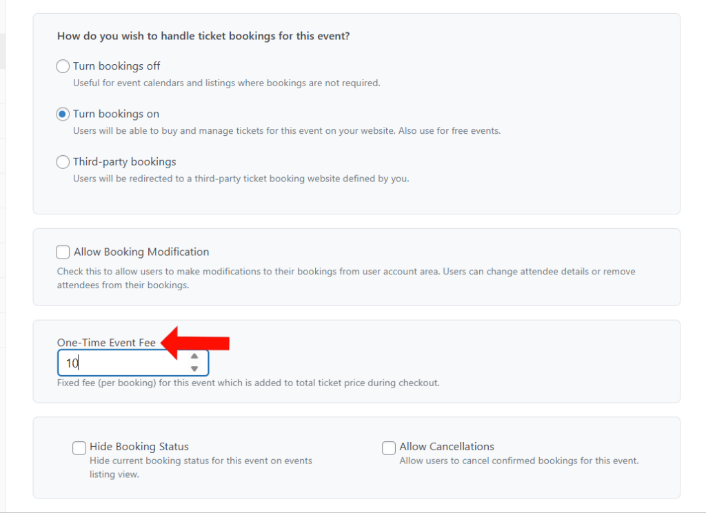 Enter One Time Event Fee for Event 