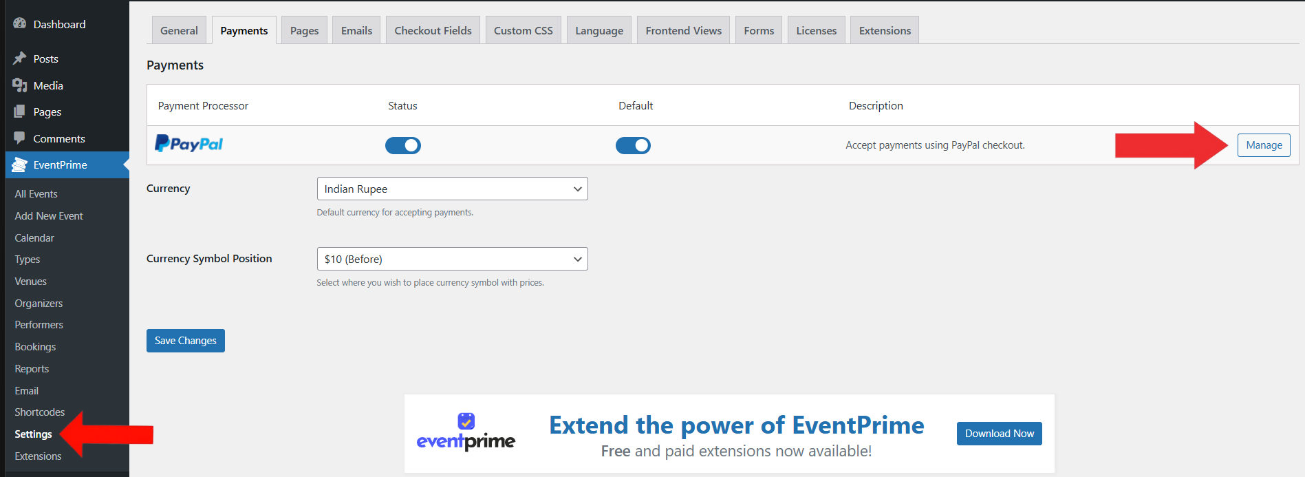 EventPrime Menu > Settings Submenu > Payments Tab ? Click Manage Button