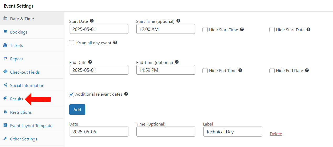 Event Setting > Result Tab