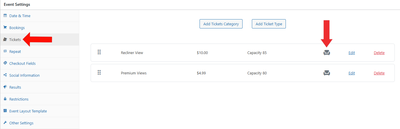 Event Settings > Ticket Tab > Click on Seating Icon