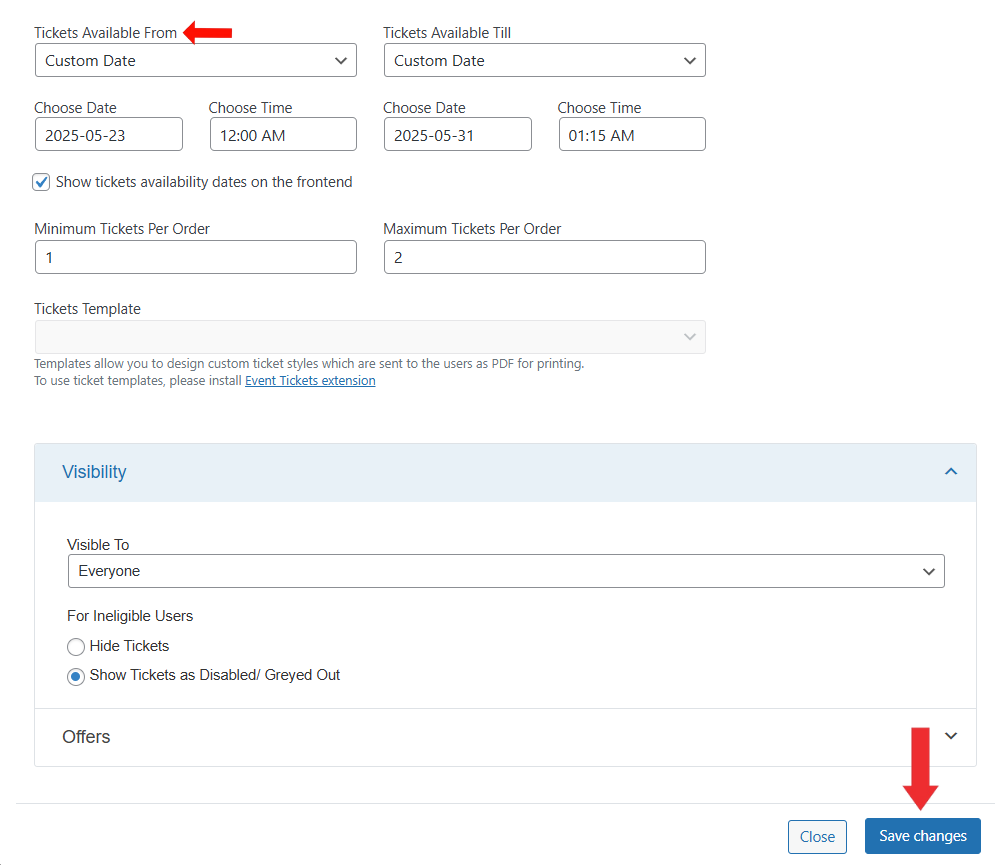 Set Ticket Start and End Avilability Dates