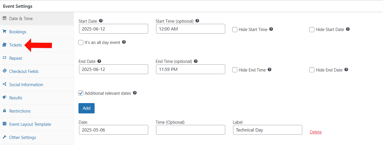 Event Settings > Ticket Tab