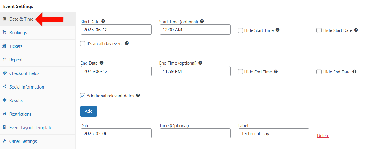 Event Settings > Date and Time 