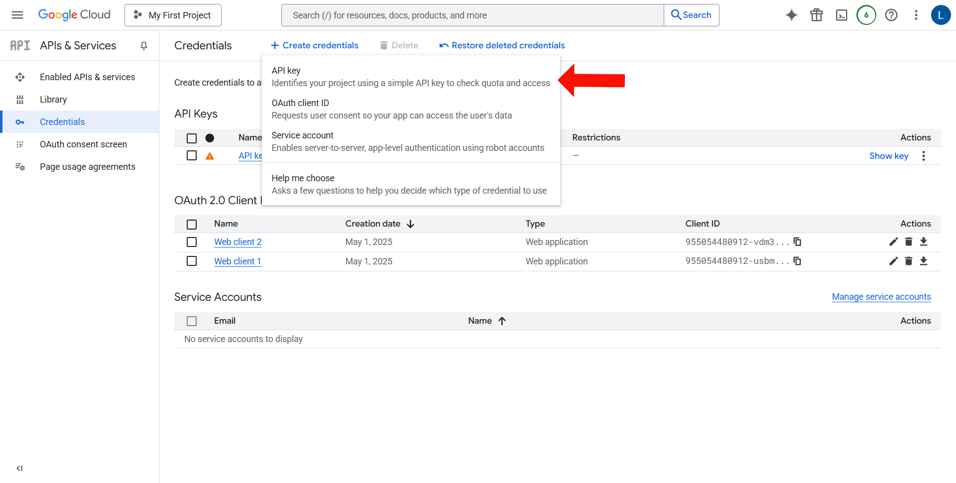 Select API Key Option from Create Credentials