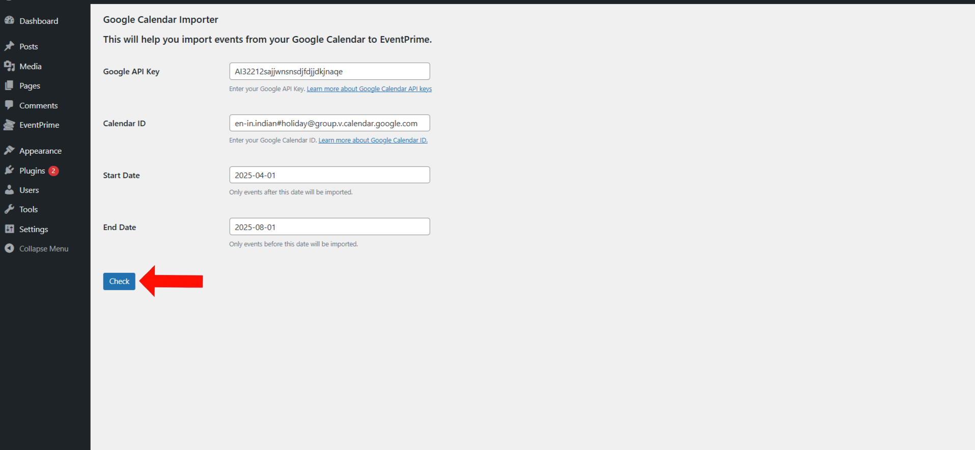 Import Export Page > Iport google Calendar