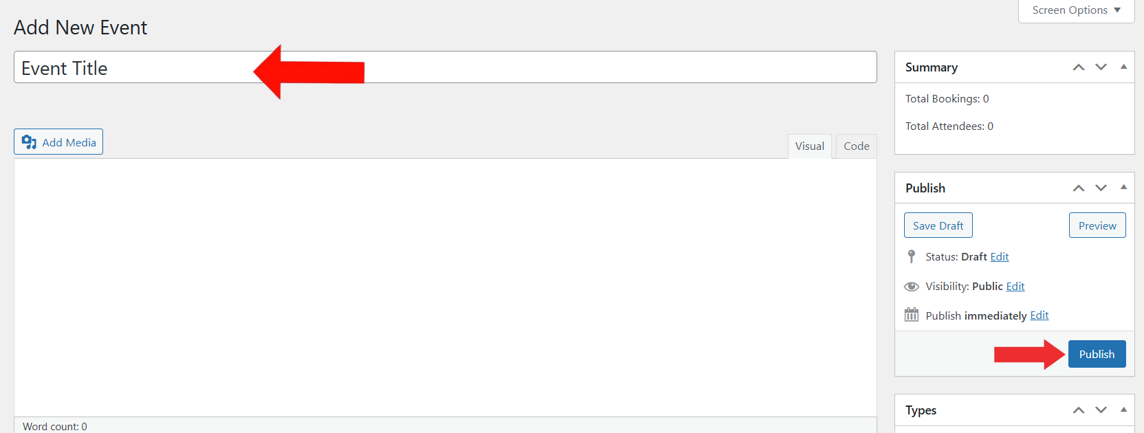 Enter Title for New Event and Click Publish button