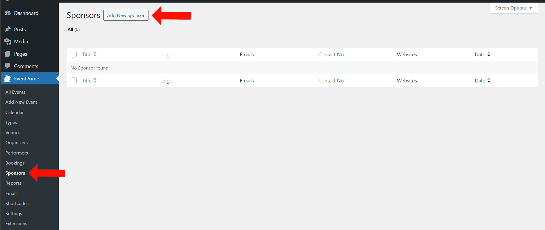 EventPrime Menu > Sponsors Submenu > Click Add New Sponsor Button