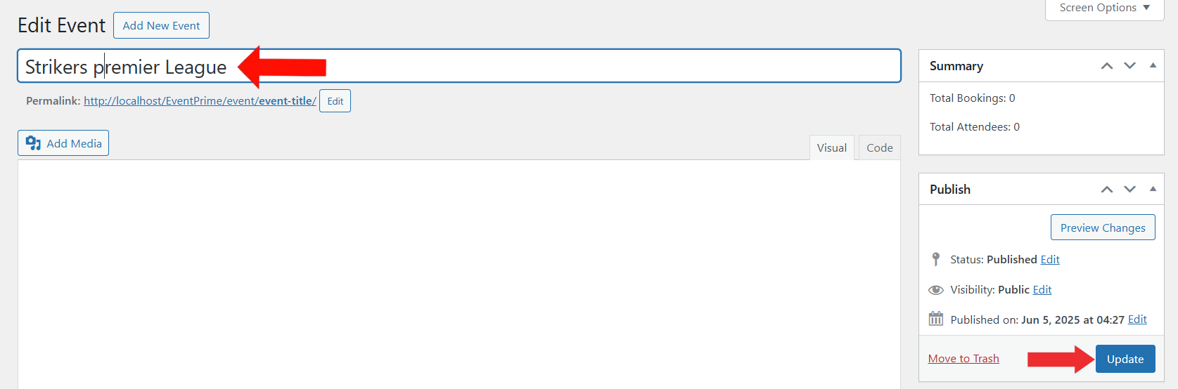Enter New Title for Event and Click Update Button