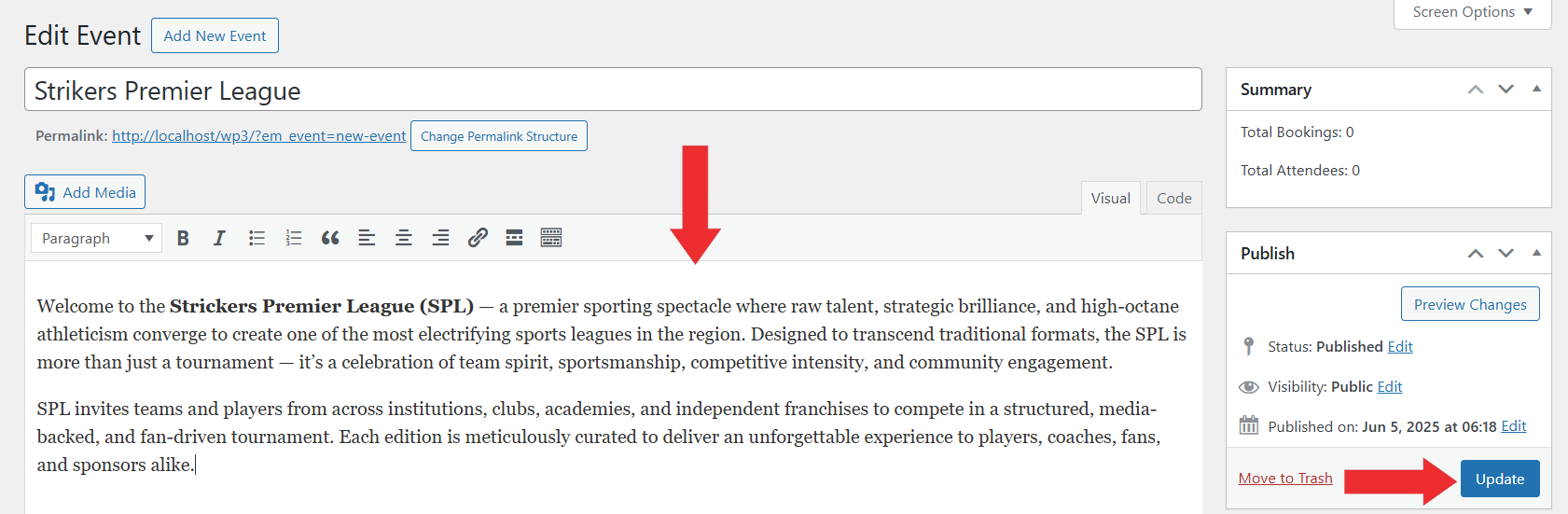 Enter New Descrption for Event and Click Update Button