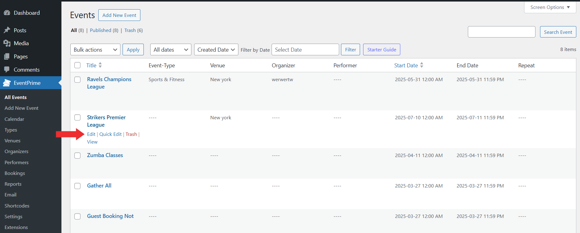 EventPrime Menu > All Events Submenu > Click Edit Button