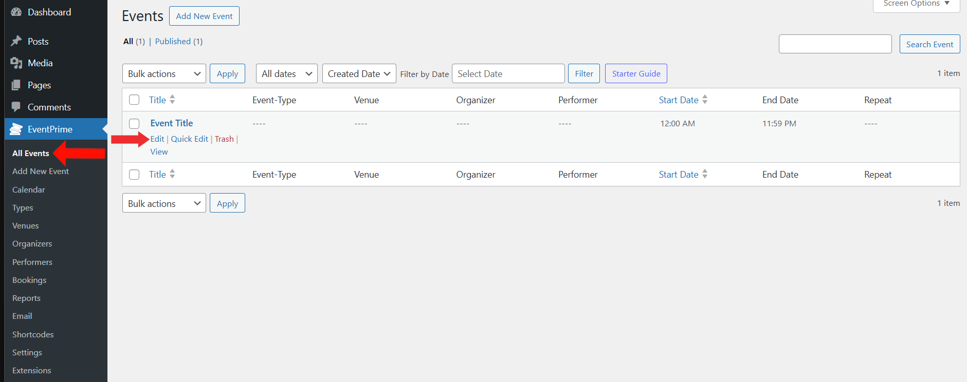 EventPrime Menu > All Events Submenu > Click Edit Button