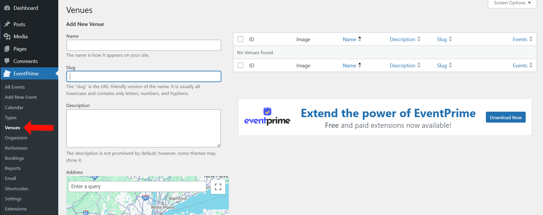 EventPrime Menu > Venues Submenu