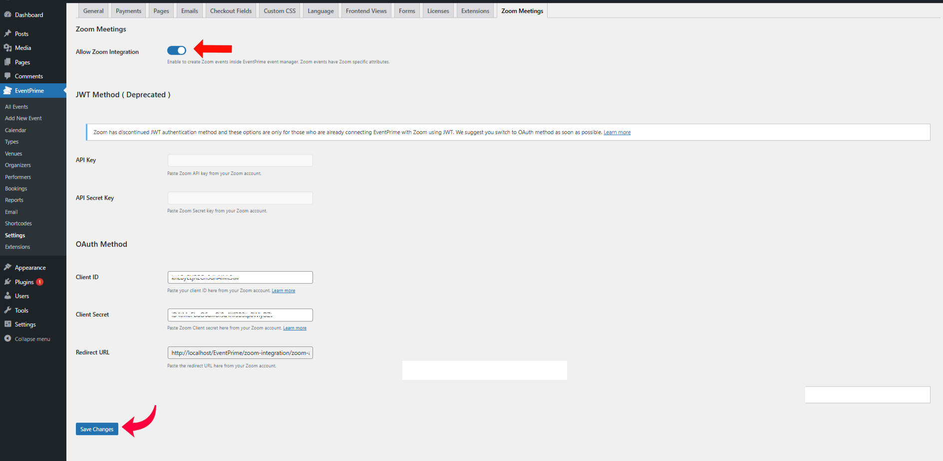 Enter Zoom Client Id and Client Secret Key