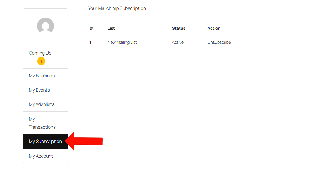Frontend View of My Subscription Section on User Profile Page