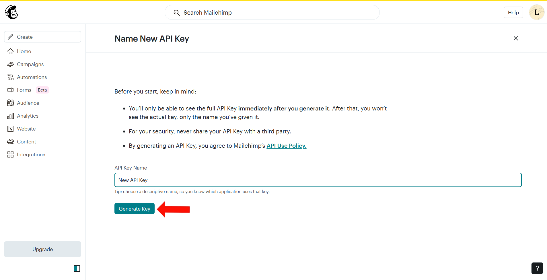 Enter Name for API key and Click Generate Button